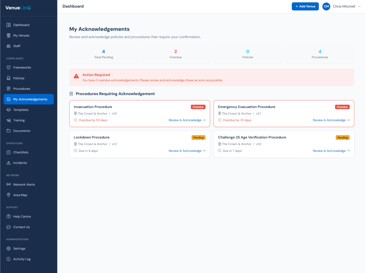 VenueLinQ acknowledgement tracking dashboard